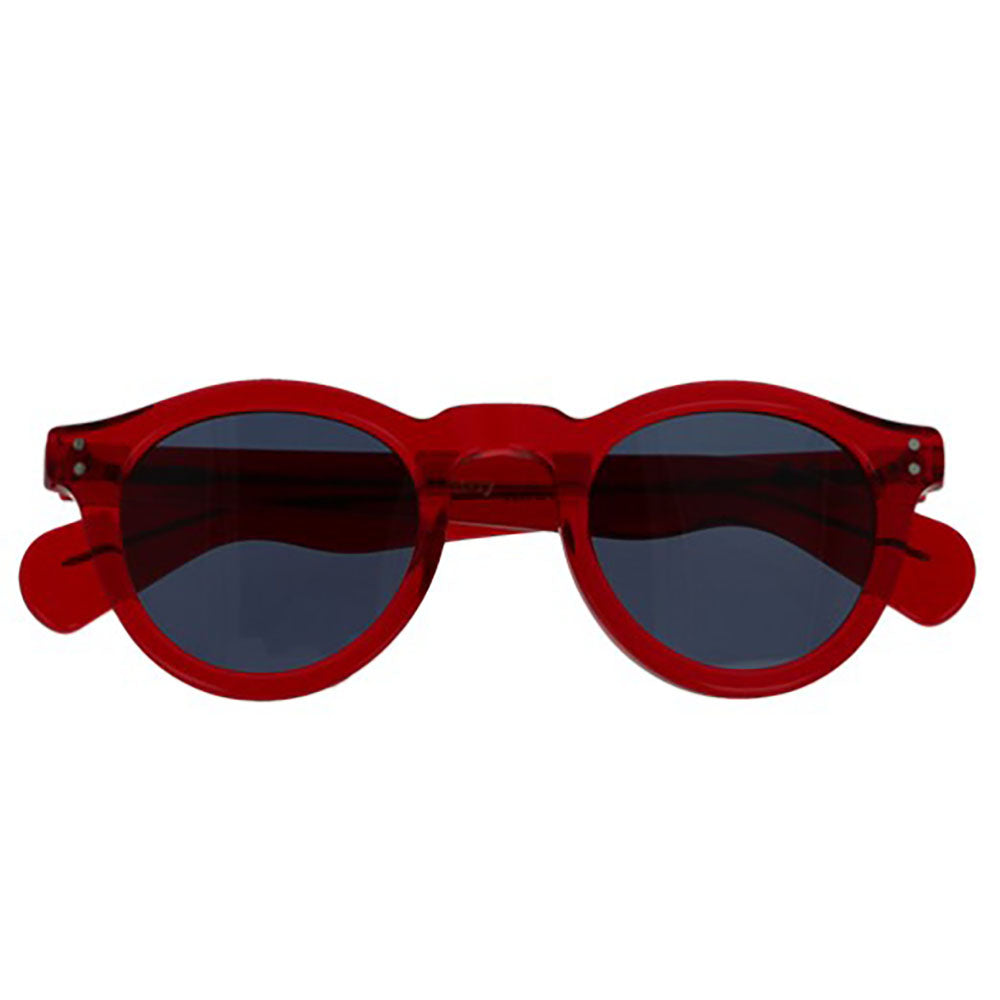 red sunglasses by epos round bold and vintage style with blue lenses