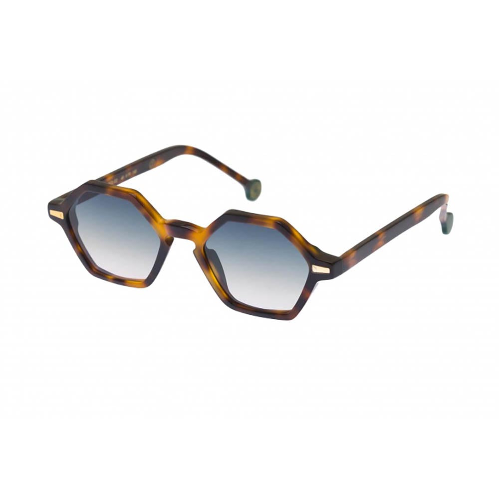 hexagonal sunglasses in brown color with blue lenses from the italian brand kyme model cole 2